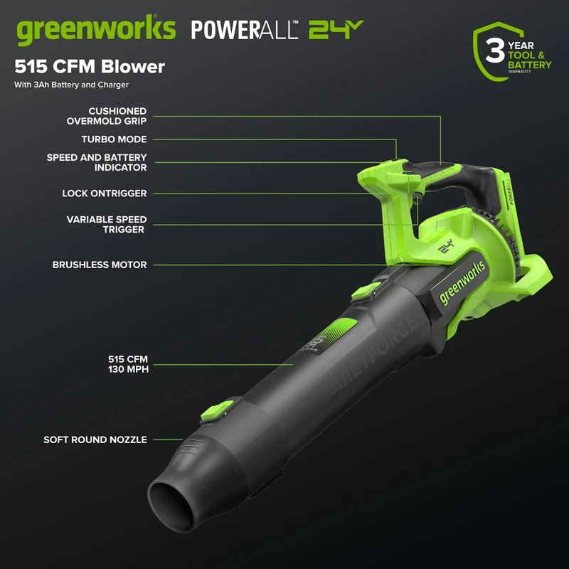 24V 12" Brushless String Trimmer & 515 CFM Blower, 3.0Ah Battery, 65W Type-C Charger and 3-FT Cable Included
