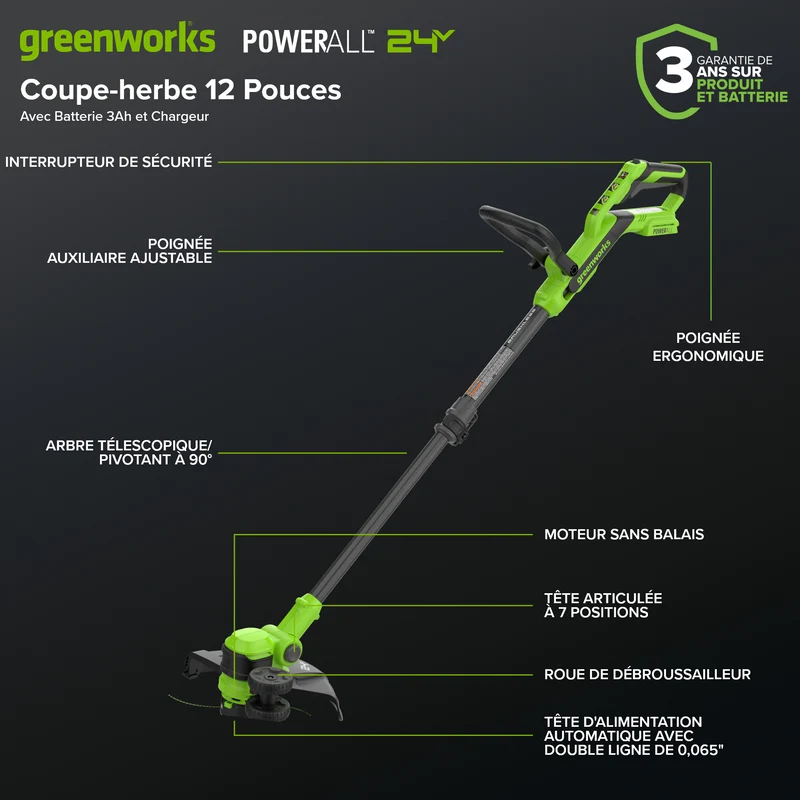 24V 12" Brushless String Trimmer & 515 CFM Blower, 3.0Ah Battery, 65W Type-C Charger and 3-FT Cable Included