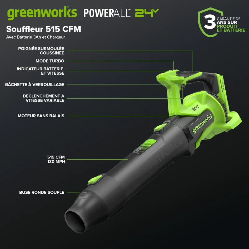 24V 12" Brushless String Trimmer & 515 CFM Blower, 3.0Ah Battery, 65W Type-C Charger and 3-FT Cable Included