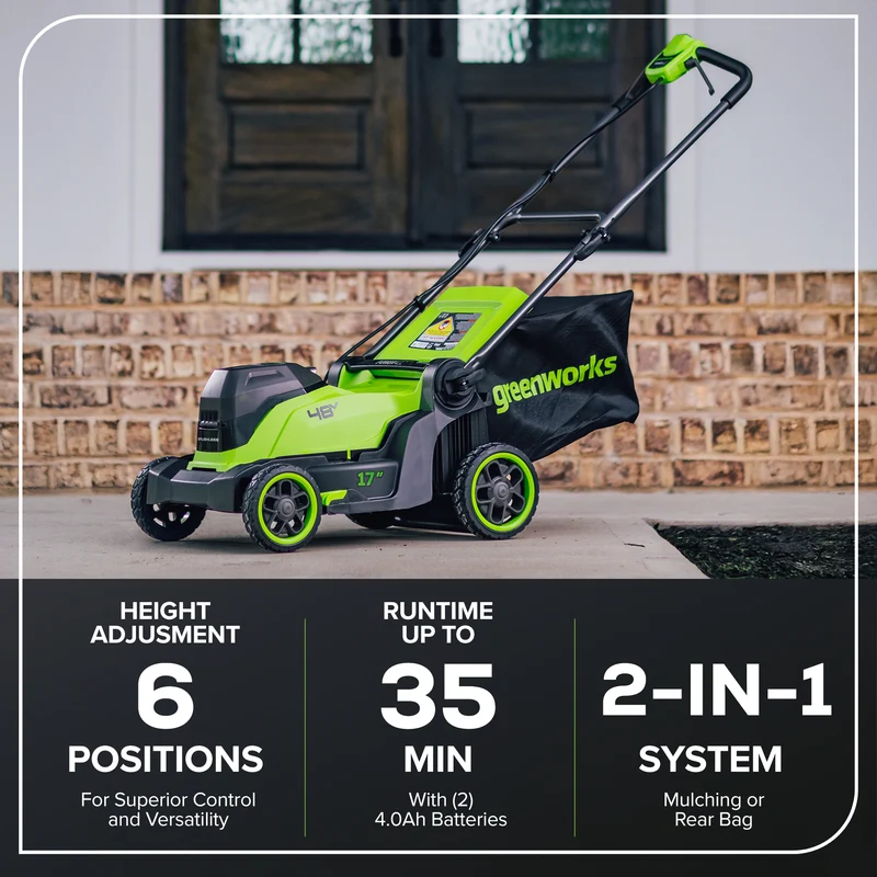 48V (24V x 2) 17" Brushless Lawn Mower, (2) 4.0Ah Batteries & Dual-Port Charger Included