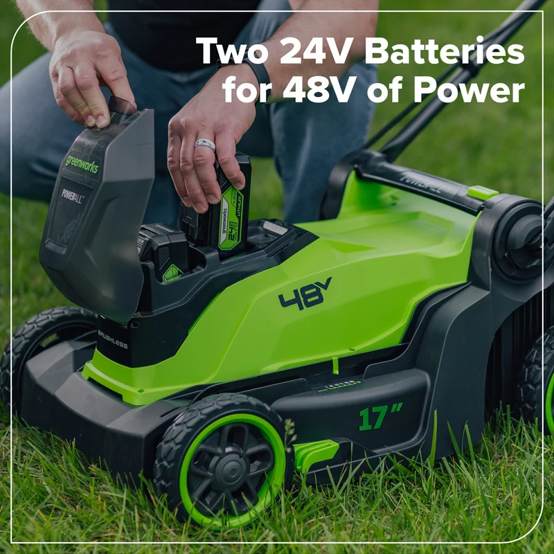 48V (24V x 2) 17" Brushless Lawn Mower, (2) 4.0Ah Batteries & Dual-Port Charger Included