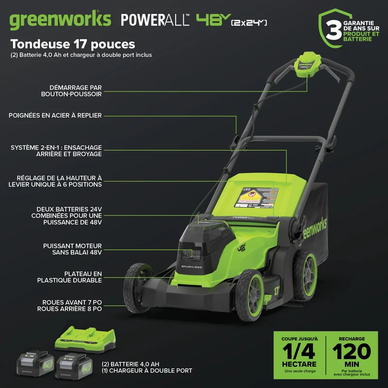 48V (24V x 2) 17" Brushless Lawn Mower, (2) 4.0Ah Batteries & Dual-Port Charger Included