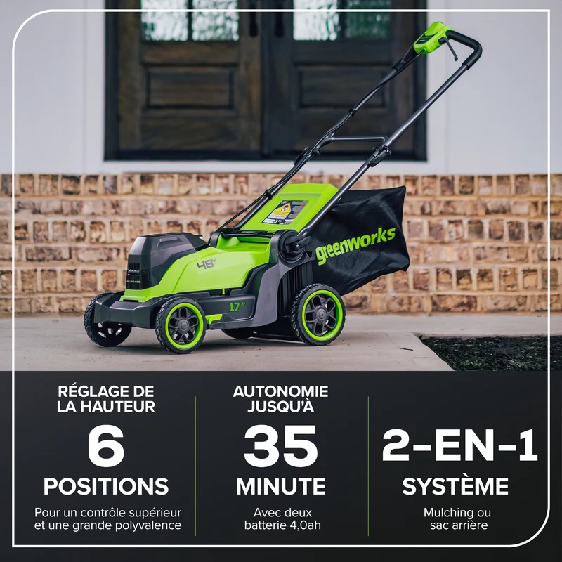48V (24V x 2) 17" Brushless Lawn Mower, (2) 4.0Ah Batteries & Dual-Port Charger Included