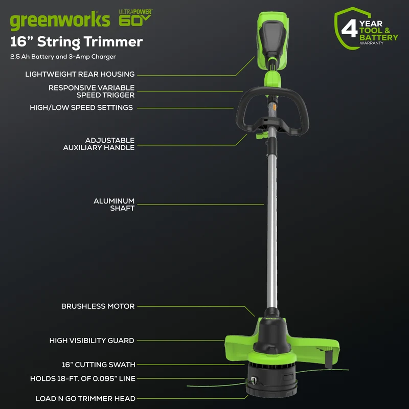 60V 16" String Trimmer & 630 CFM - 170 MPH Blower Combo, 2.5Ah Battery and 3A Charger Included