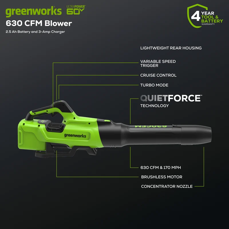 60V 630 CFM - 170 MPH Leaf Blower, 2.5Ah Battery and 3 Amp Charger Included