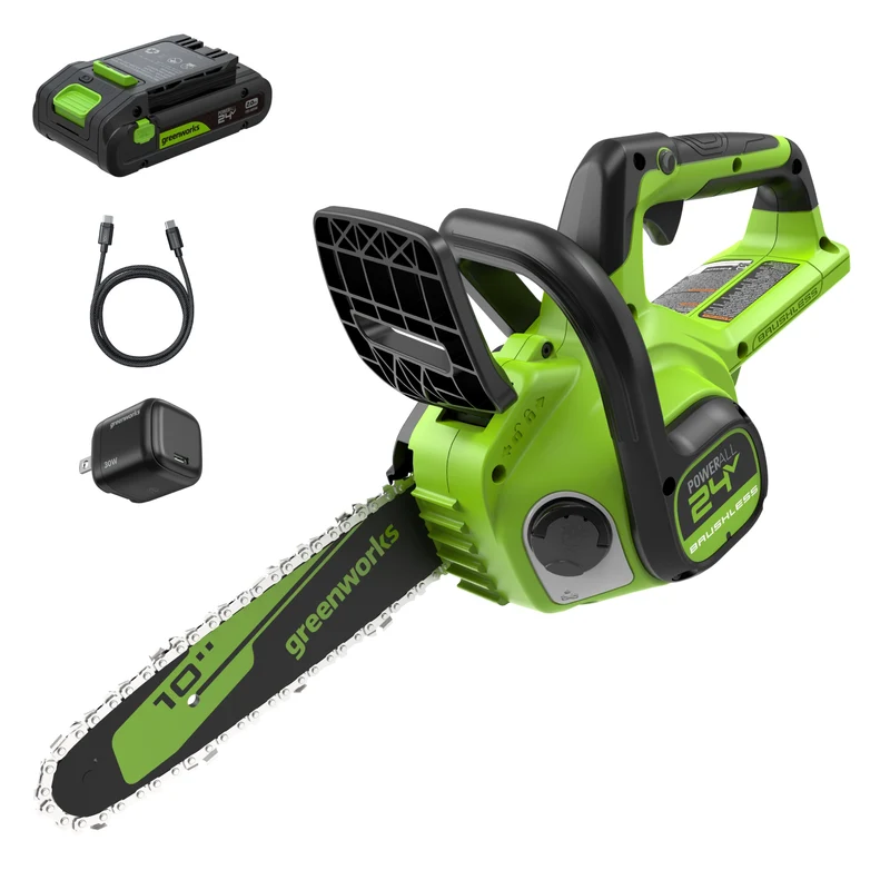24V 10'' Brushless Chainsaw, 2.0Ah Battery and 30W Type-C Charger with 3-FT Cord Included