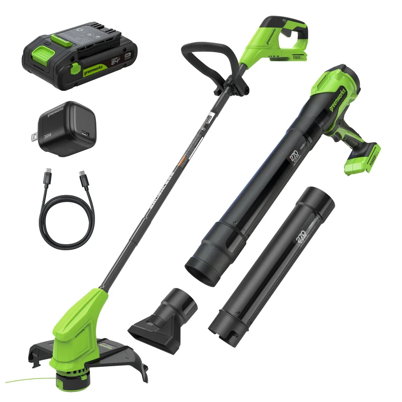 24V 12" Brushless String Trimmer & 270 CFM Blower, 2.0Ah Battery with 30W Type-C Charger and 3-FT Cables Included