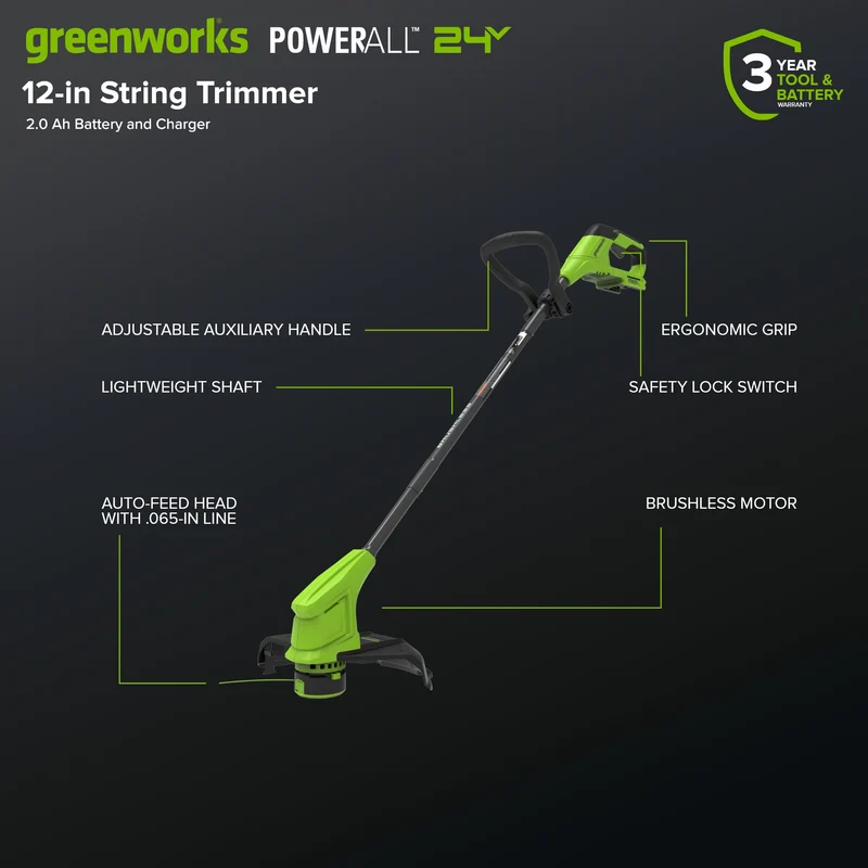 24V 12" Brushless String Trimmer & 270 CFM Blower, 2.0Ah Battery with 30W Type-C Charger and 3-FT Cables Included