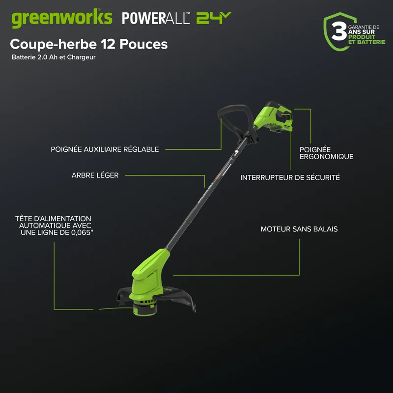 24V 12" Brushless String Trimmer & 270 CFM Blower, 2.0Ah Battery with 30W Type-C Charger and 3-FT Cables Included