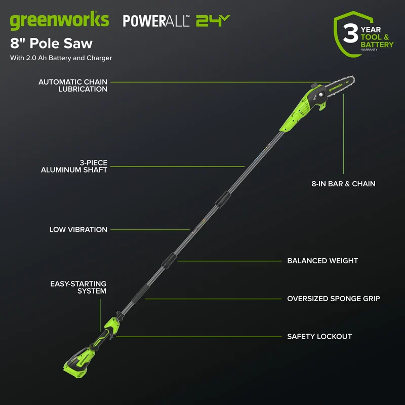 24V Brushless 8" Pole Saw, 2.0Ah Battery and 30W Type-C Charger (3-FT) Included