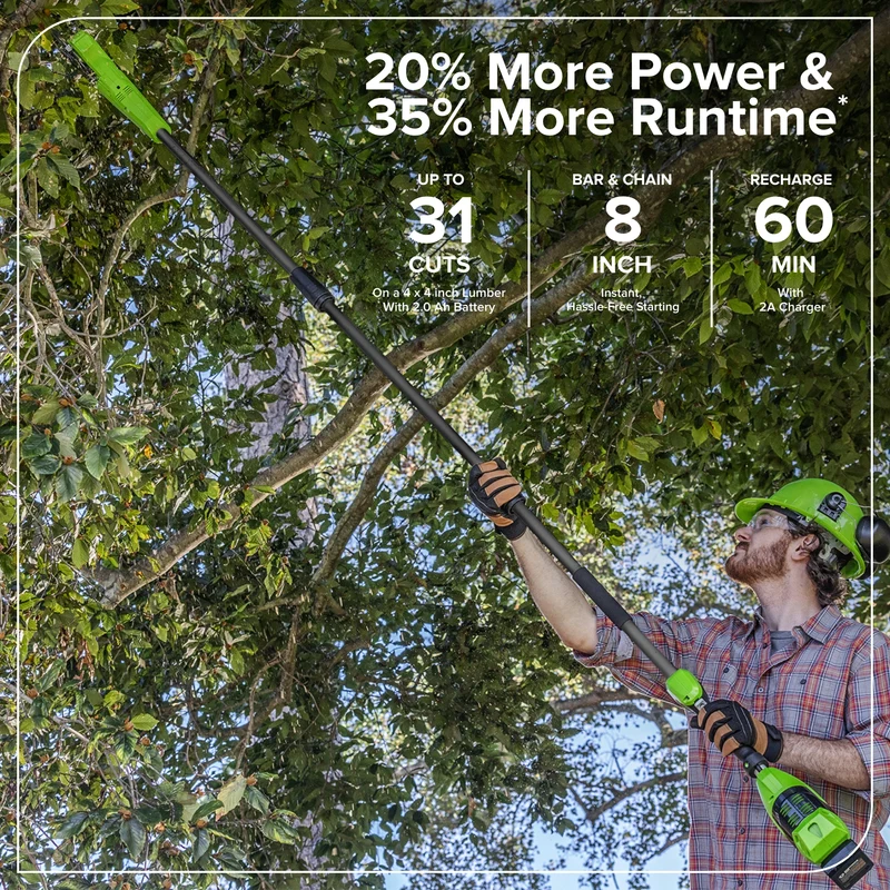 24V Brushless 8" Pole Saw, 2.0Ah Battery and 30W Type-C Charger (3-FT) Included