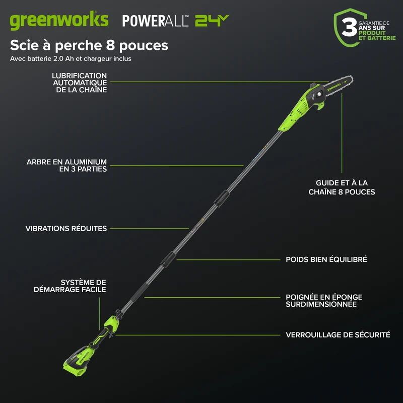 24V Brushless 8" Pole Saw, 2.0Ah Battery and 30W Type-C Charger (3-FT) Included
