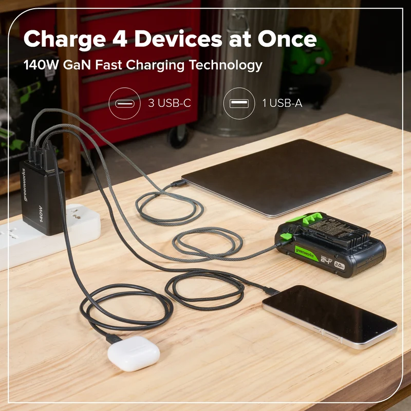 Greenworks POWERALL 140W Charger, (3) USB-C Ports and USB-A Port
