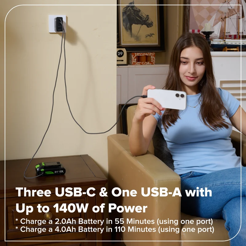 Greenworks POWERALL 140W Charger, (3) USB-C Ports and USB-A Port
