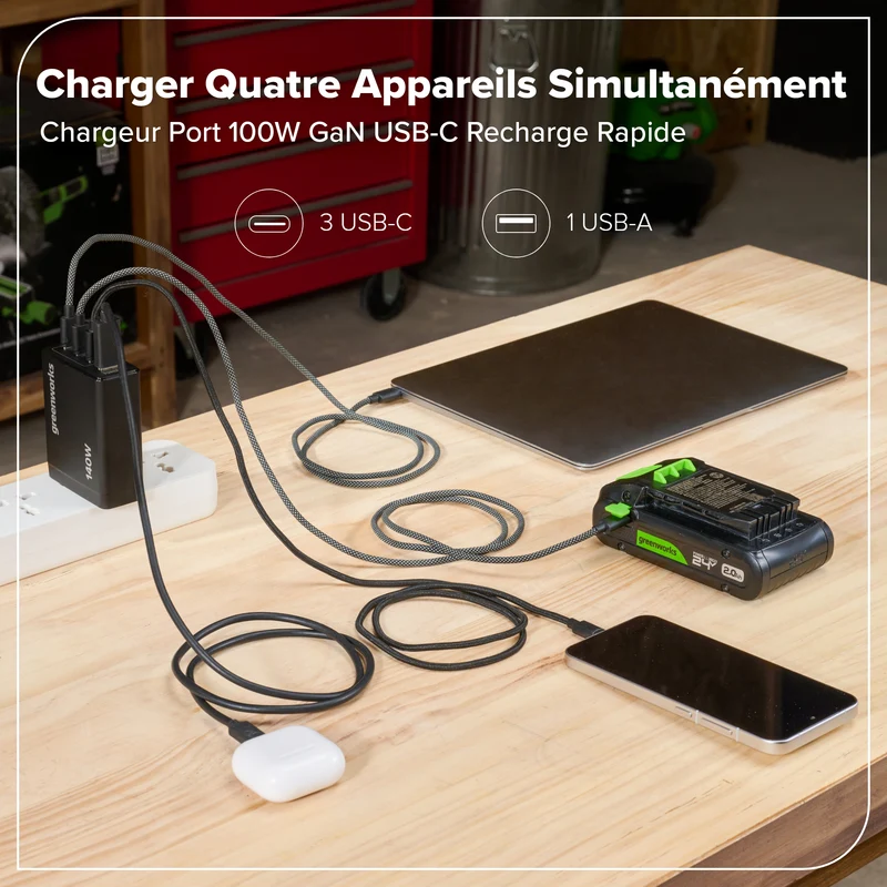 Greenworks POWERALL 140W Charger, (3) USB-C Ports and USB-A Port