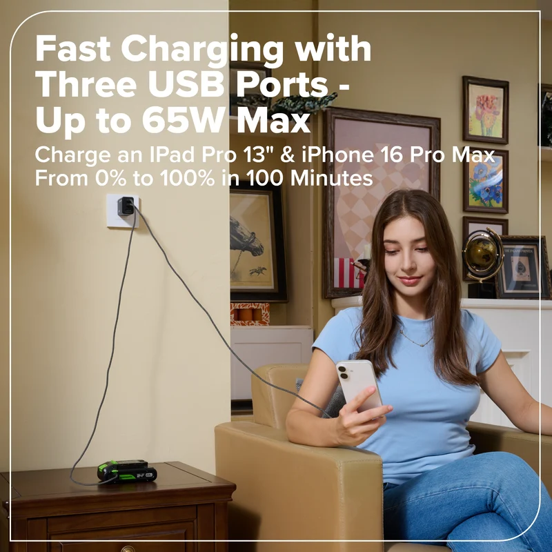 Greenworks POWERALL 65W Charger, 2x USB-C ports and USB-A Port