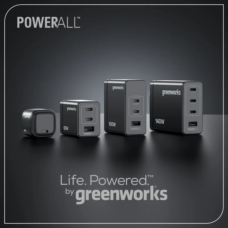 Greenworks POWERALL 65W Charger, 2x USB-C ports and USB-A Port
