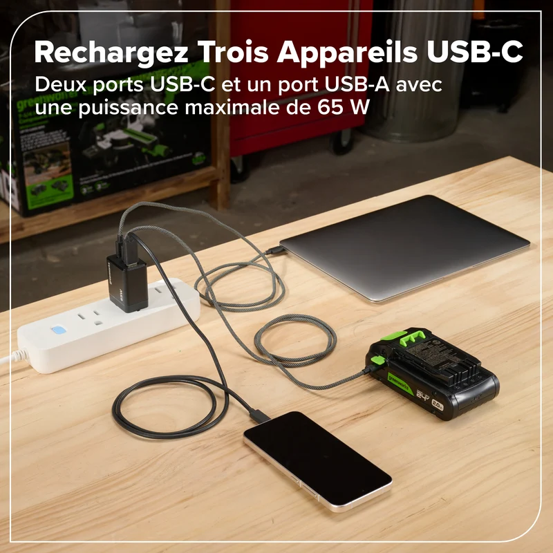 Greenworks POWERALL 65W Charger, 2x USB-C ports and USB-A Port