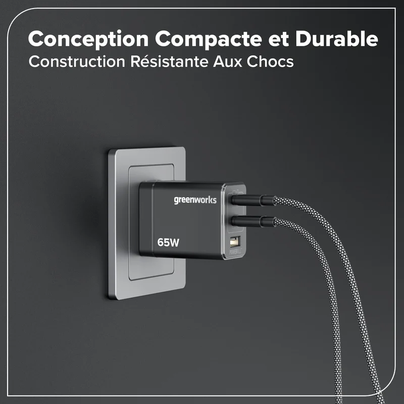 Greenworks POWERALL 65W Charger, 2x USB-C ports and USB-A Port