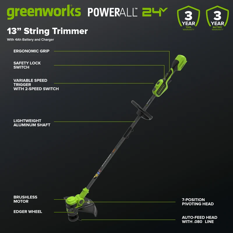 24V 13" Brushless String Trimmer, 4.0Ah 21700 Battery and 65W Type-C Charger with 3-FT Cable Included