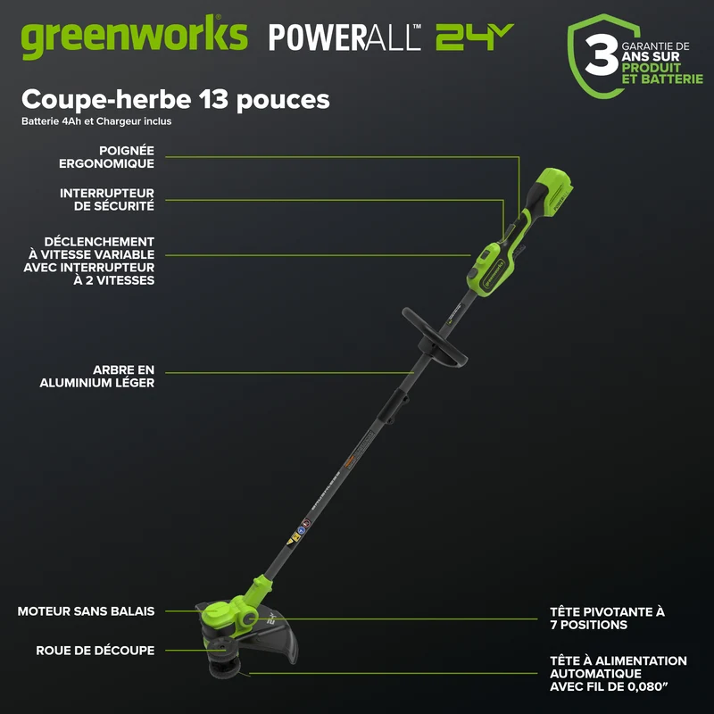 24V 13" Brushless String Trimmer, 4.0Ah 21700 Battery and 65W Type-C Charger with 3-FT Cable Included