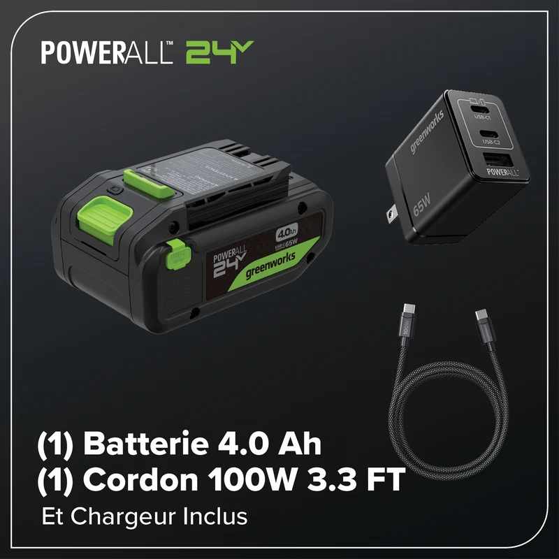 24V 13" Brushless String Trimmer, 4.0Ah 21700 Battery and 65W Type-C Charger with 3-FT Cable Included