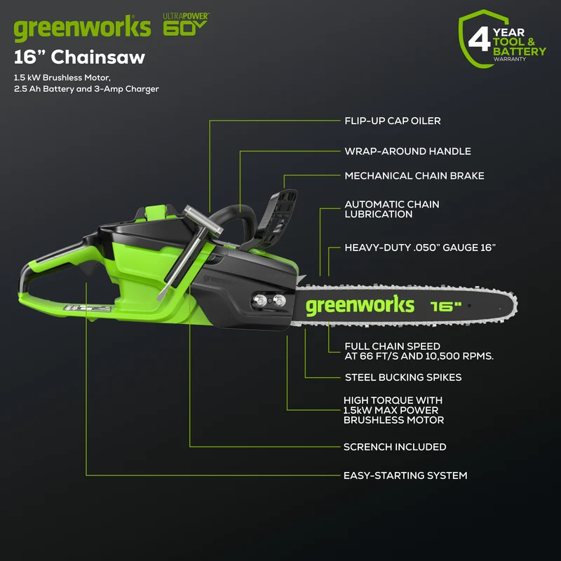 60V 16" 1.5kW Brushless Chainsaw, 2.5 Ah Battery & 3 Amp Charger Included