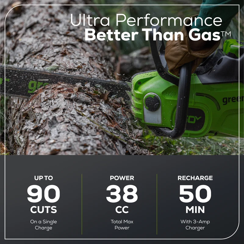 60V 16" 1.5kW Brushless Chainsaw, 2.5 Ah Battery & 3 Amp Charger Included