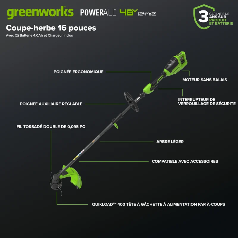 48V (24V x 2) 16" Brushless String Trimmer, (2) 4.0Ah 21700 Batteries and 100W Type-C Charger with (2) 3-FT Cables Included