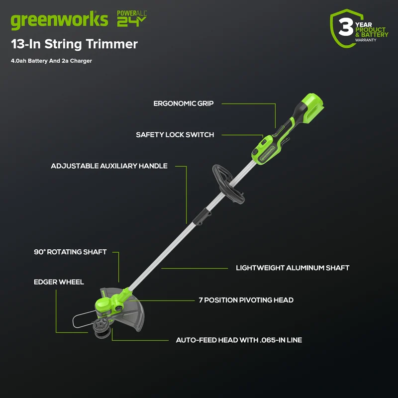 24V 13" Cordless Battery String Trimmer, 4.0Ah Battery and Charger Included