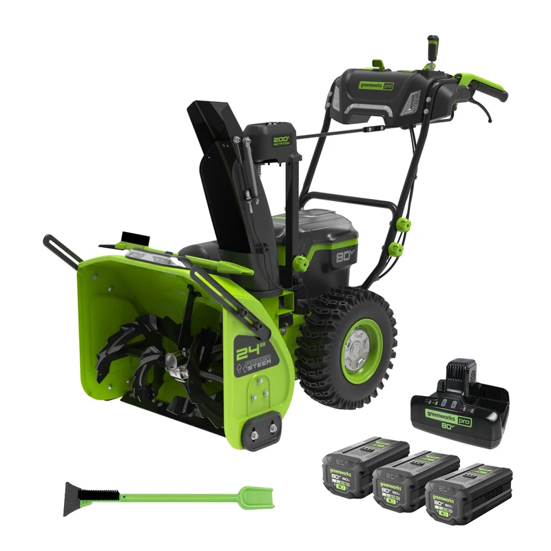 80V 24'' Dual Stage Snow Thrower, (3) 5.0Ah Batteries and Dual Port Charger Included