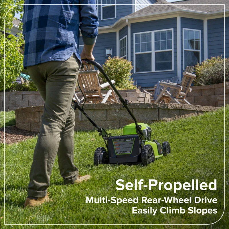 48V (24V x 2) 21" Brushless Self-Propelled Mower, (2) 5Ah USB Batteries and 4A Dual Port Charger