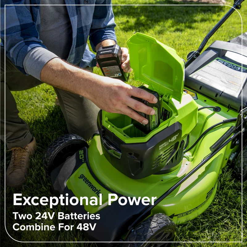 48V (24V x 2) 21" Brushless Self-Propelled Mower, (2) 5Ah USB Batteries and 4A Dual Port Charger