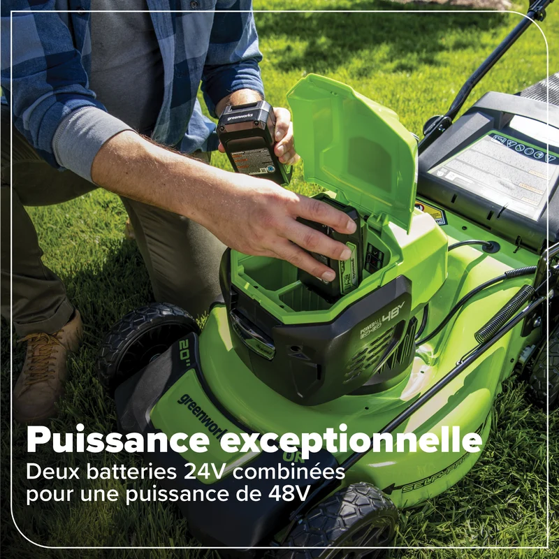 48V (24V x 2) 21" Brushless Self-Propelled Mower, (2) 5Ah USB Batteries and 4A Dual Port Charger