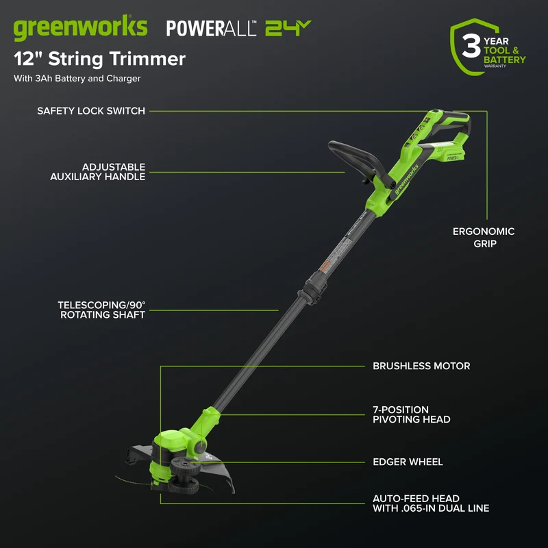 24V 12" Brushless String Trimmer, 3.0Ah Battery and 65W Type-C Charger with 3-ft Cable Included