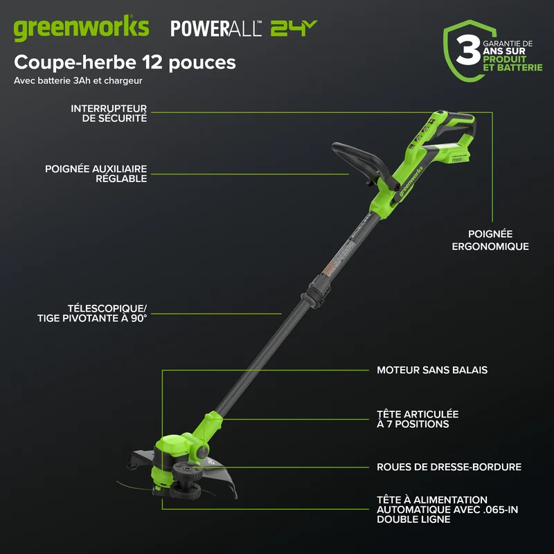 24V 12" Brushless String Trimmer, 3.0Ah Battery and 65W Type-C Charger with 3-ft Cable Included