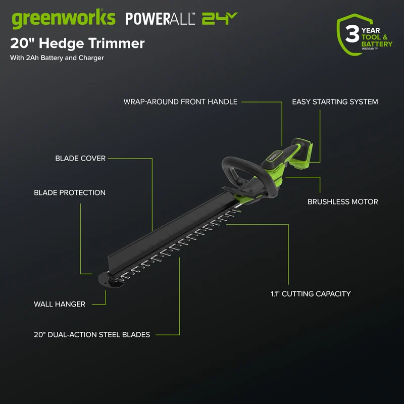 24V 20" Brushless Hedge Trimmer, 2.0Ah Battery and 30W Charger Included