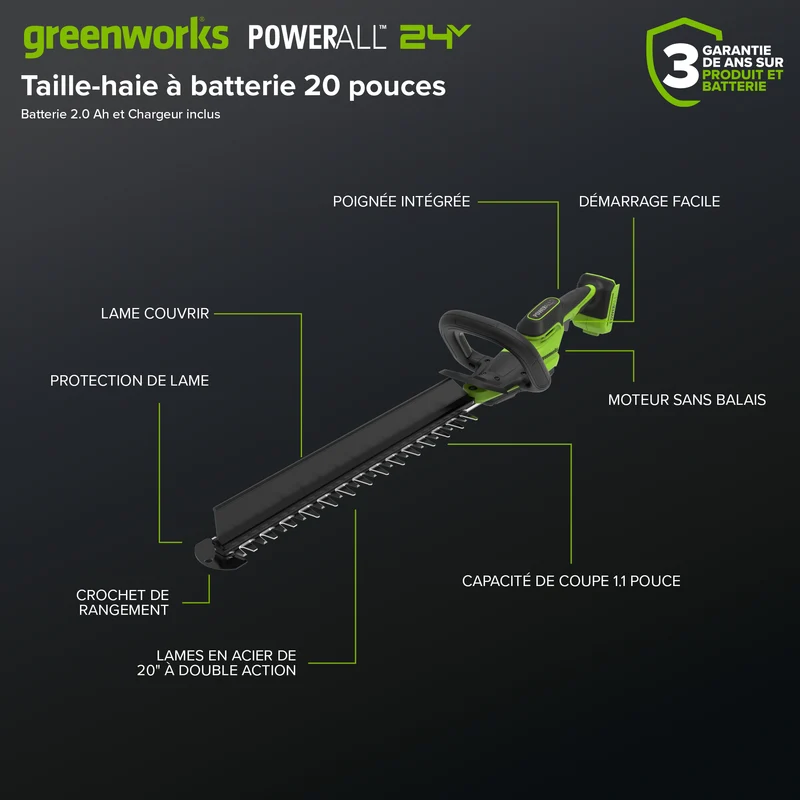 24V 20" Brushless Hedge Trimmer, 2.0Ah Battery and 30W Charger Included