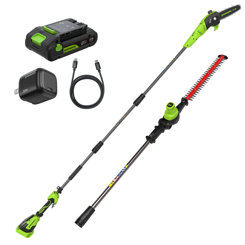 24V Brushless 8" Pole Saw & 20" Pole Hedge Combo, 2.0Ah Battery and 30W Type-C Charger with 3-FT Cord Included