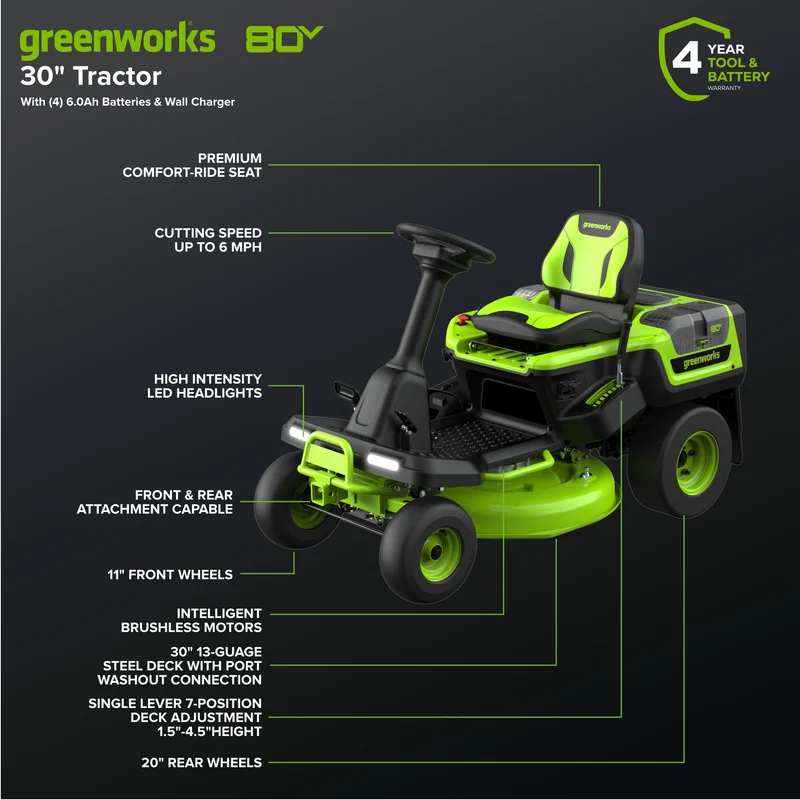 80V 30" CrossoverT Riding Lawn Tractor, (4) 6.0Ah Batteries and 600 Watt Charger Included | CRT308