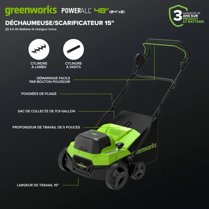 48V (24V X 2) 15" Cordless Battery Dethatcher/Scarifier, (2) 4.0Ah Batteries and 65W Charger Included