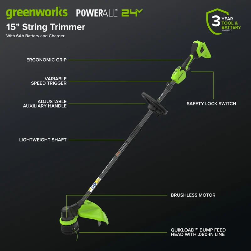 24V 15" Brushless String Trimmer, 6.0Ah Battery and 65W Type-C Charger with 3-FT Cable Included