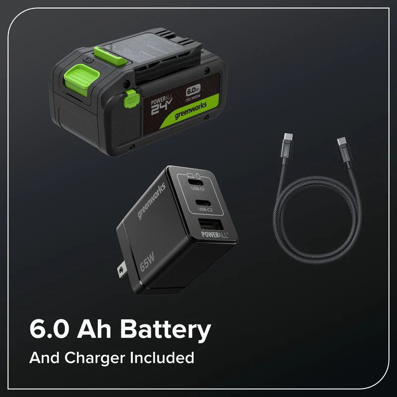 24V 15" Brushless String Trimmer, 6.0Ah Battery and 65W Type-C Charger with 3-FT Cable Included