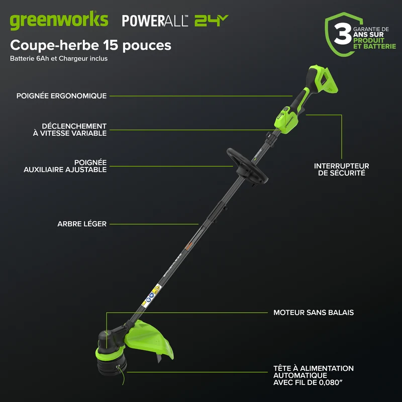 24V 15" Brushless String Trimmer, 6.0Ah Battery and 65W Type-C Charger with 3-FT Cable Included