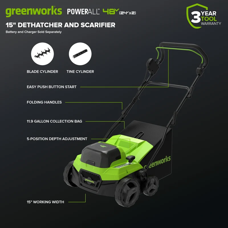 48V (24V x 2) 15" Brushless Dethatcher / Scarifier (Tool Only)