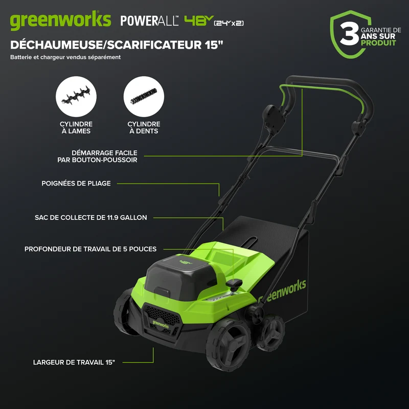 48V (24V x 2) 15" Brushless Dethatcher / Scarifier (Tool Only)