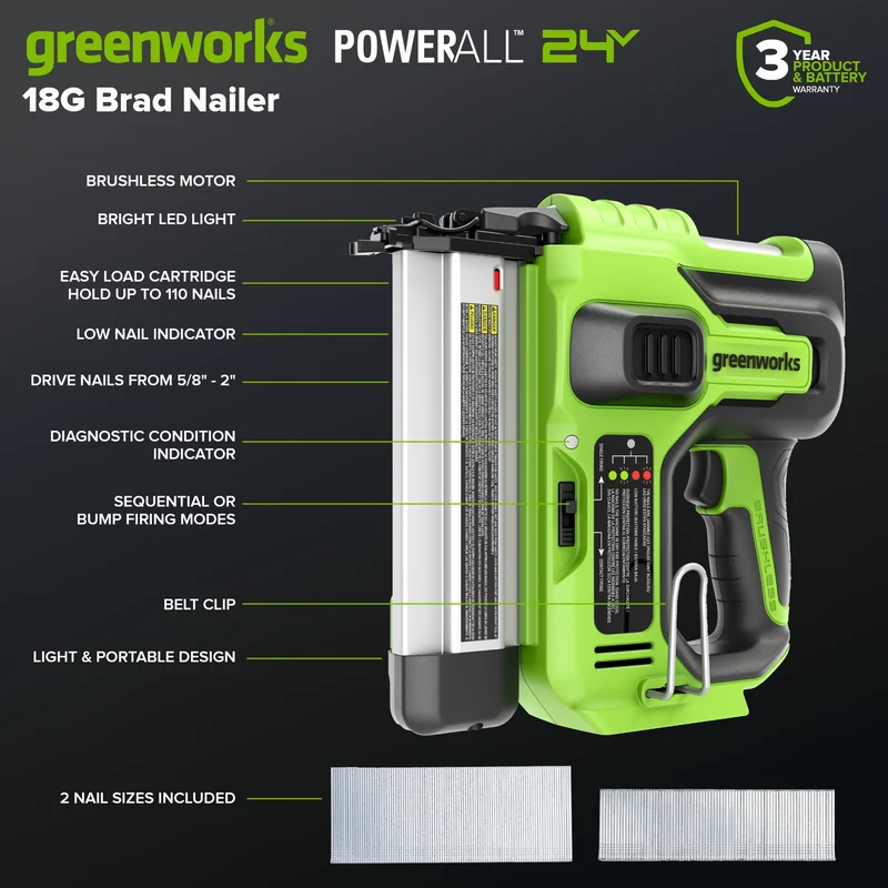 24V 18GA Brushless Brad Nailer (Tool Only)