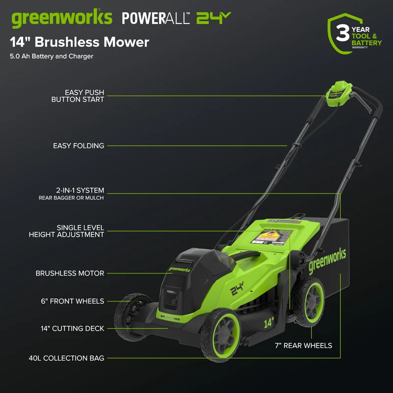 24V 14" Brushless Lawn Mower, 5.0Ah Battery and 65W Type-C Charger Included
