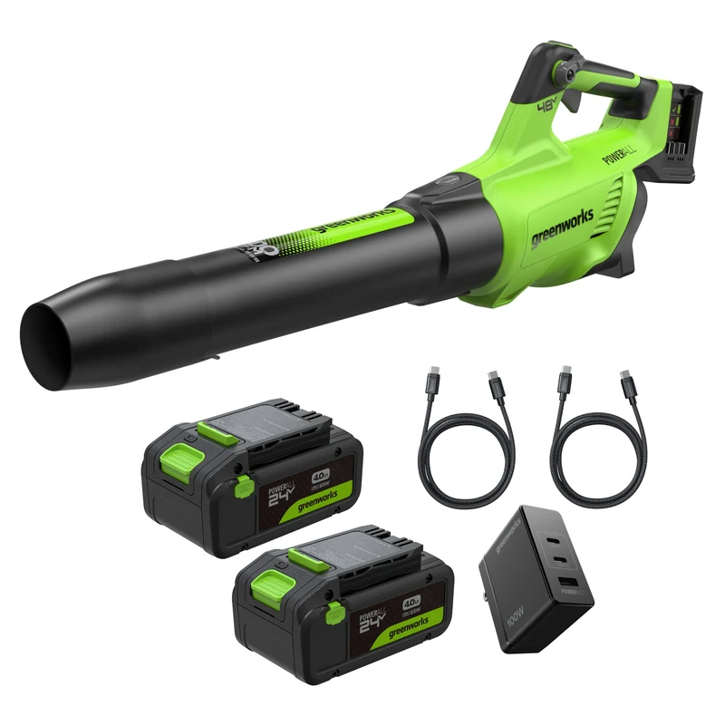 48V (24V x 2) 600 CFM- 150 MPH Brushless Blower, (2) 4.0Ah Batteries and 100W Type-C Charger with 2 x 3-FT Cord Included