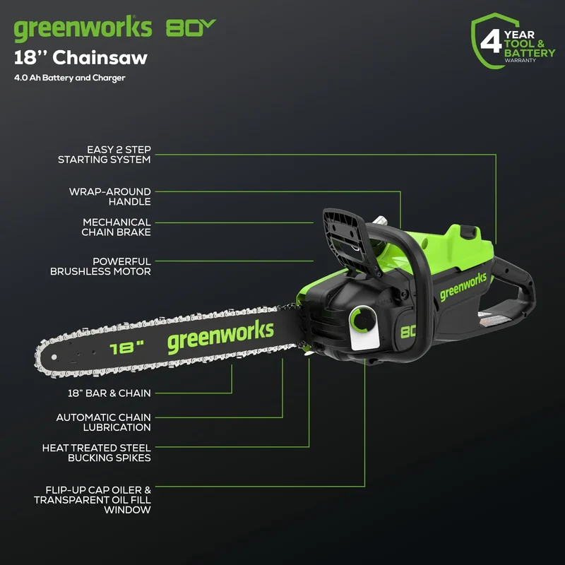 80V 18" Brushless Cordless Chainsaw, 4.0Ah Battery and Charger Included